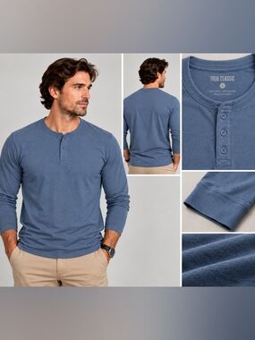 True Classic Men’s Long Sleeve Henley – Large – Slate Blue